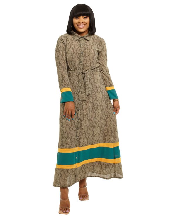 Brown snake skin with green & yellow "Increase" Dress