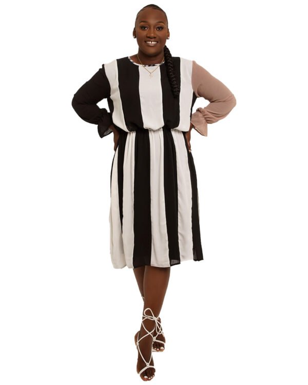 Black & White "Win" block dress with black & white plaid pinning and nude sleeve