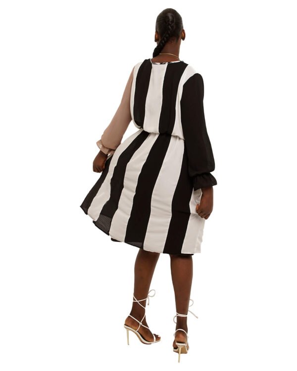 Black & White "Win" block dress with black & white plaid pinning and nude sleeve