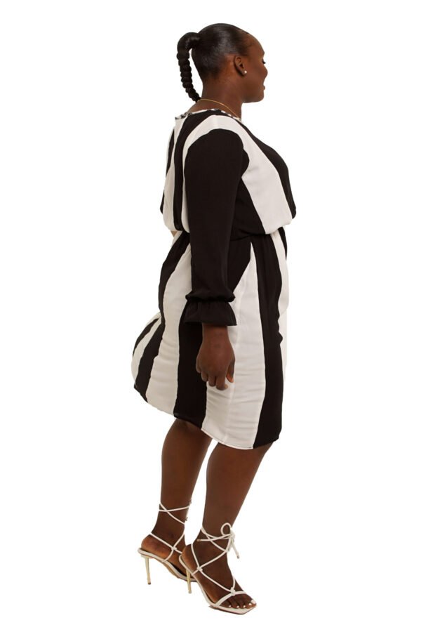 Black & White "Win" block dress with black & white plaid pinning and nude sleeve