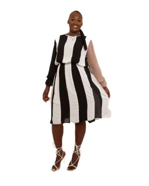 Black & White "Win" block dress with black & white plaid pinning and nude sleeve